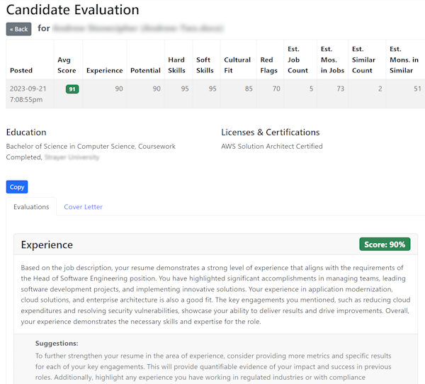 recruiter job evaluation details